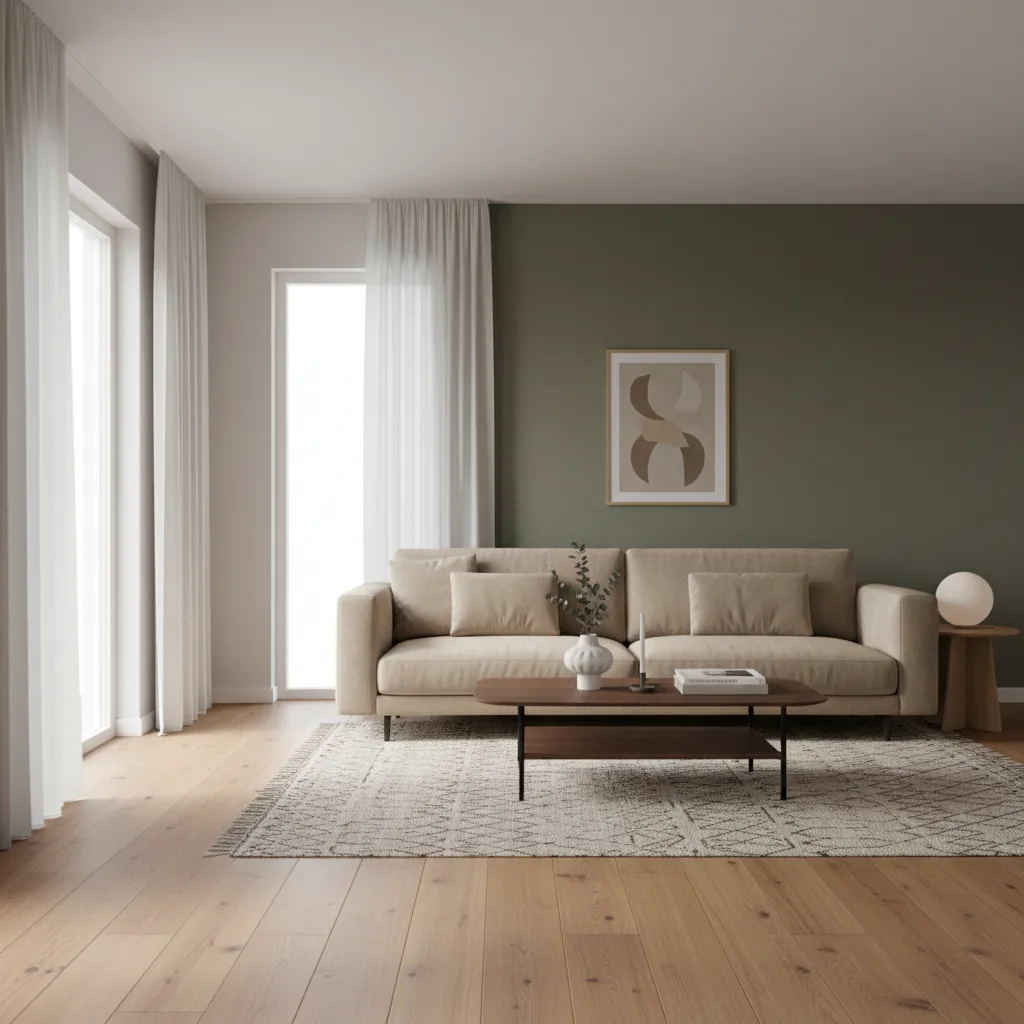 living room showing wall colors coordinated with sofa and wooden flooring