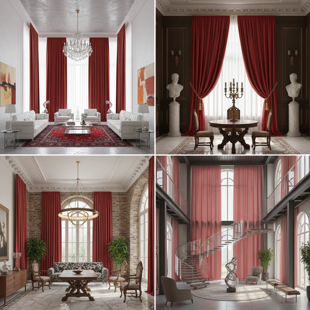 various hall interiors showing different red curtain fabric styles