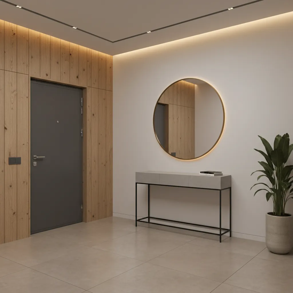 hall de entrada residencial moderno com painel de madeira e acesso à sala