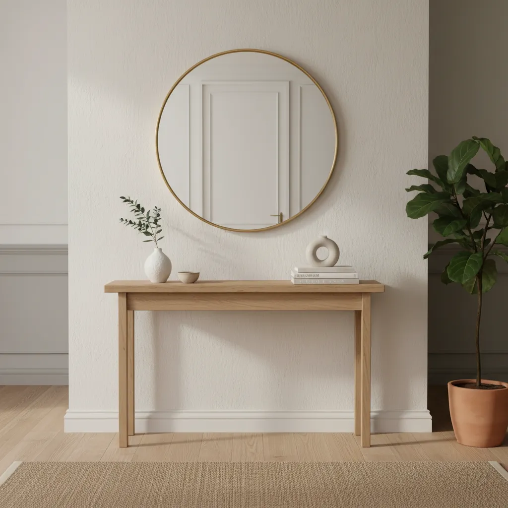 Hall de entrada con consola estrecha, espejo redondo y decoración minimalista