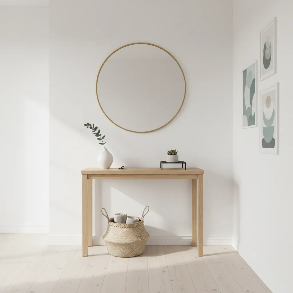 Entrada pequeña con espejo grande consola estrecha y decoración minimalista