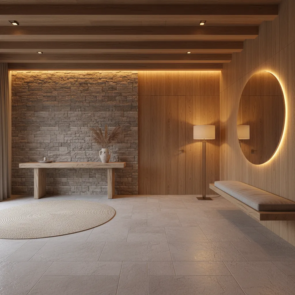 Hall con estilo moderno y materiales naturales como madera y piedra