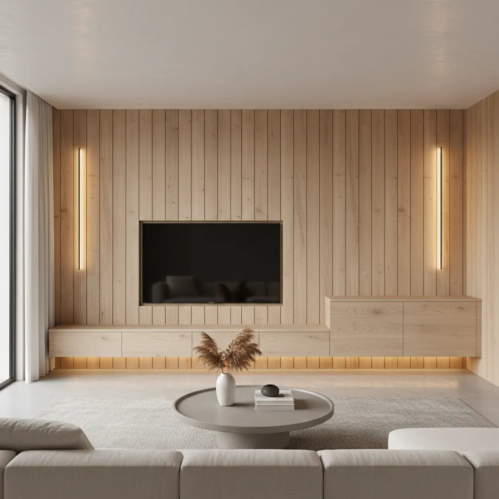 living hall focal wall with modern tv unit and wood panel accent