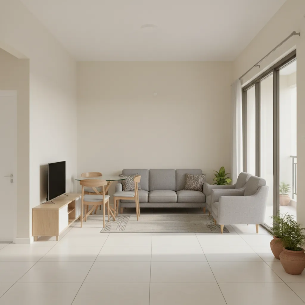 Furniture arrangement inside a compact apartment hall living space