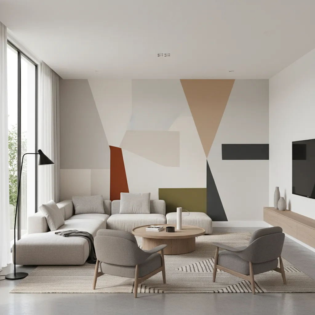 living room hall with geometric painted feature wall behind sofa
