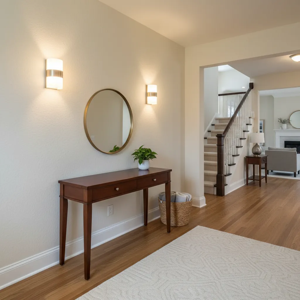 Hall residencial con iluminación cálida y decoración moderna