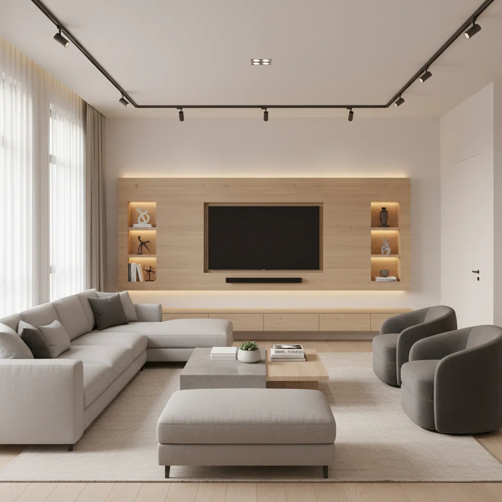 Home hall interior with sofa television and open seating area