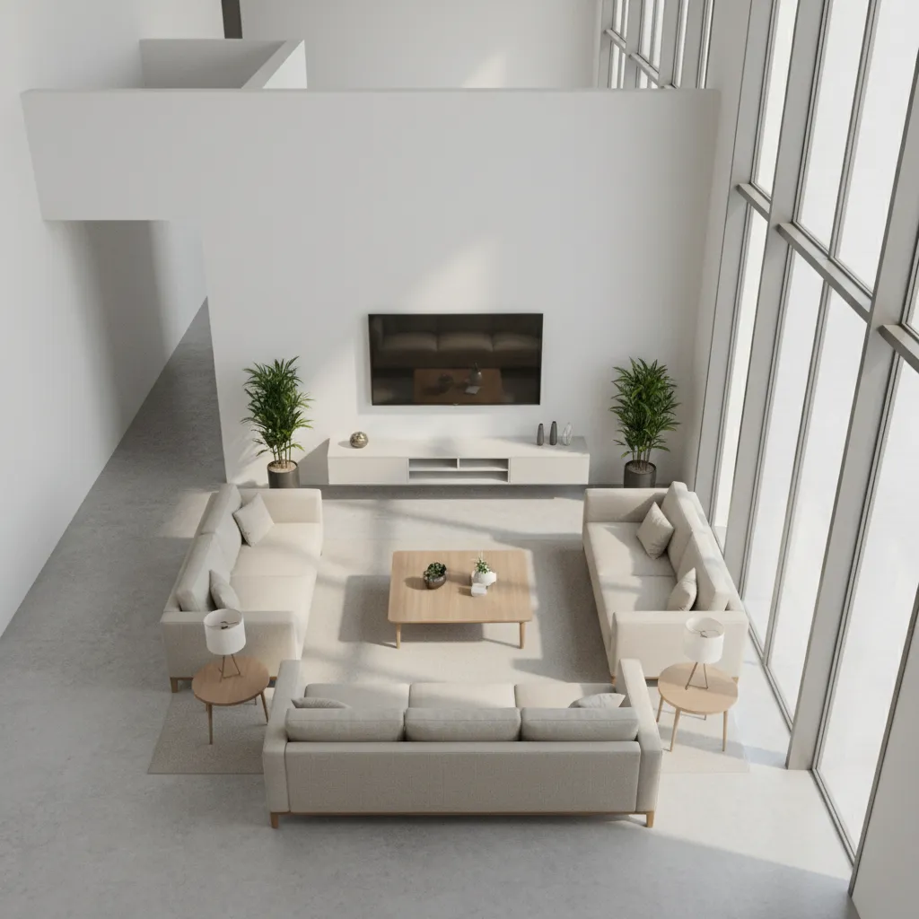 Simple home hall layout with sofa, TV, and seating arrangement