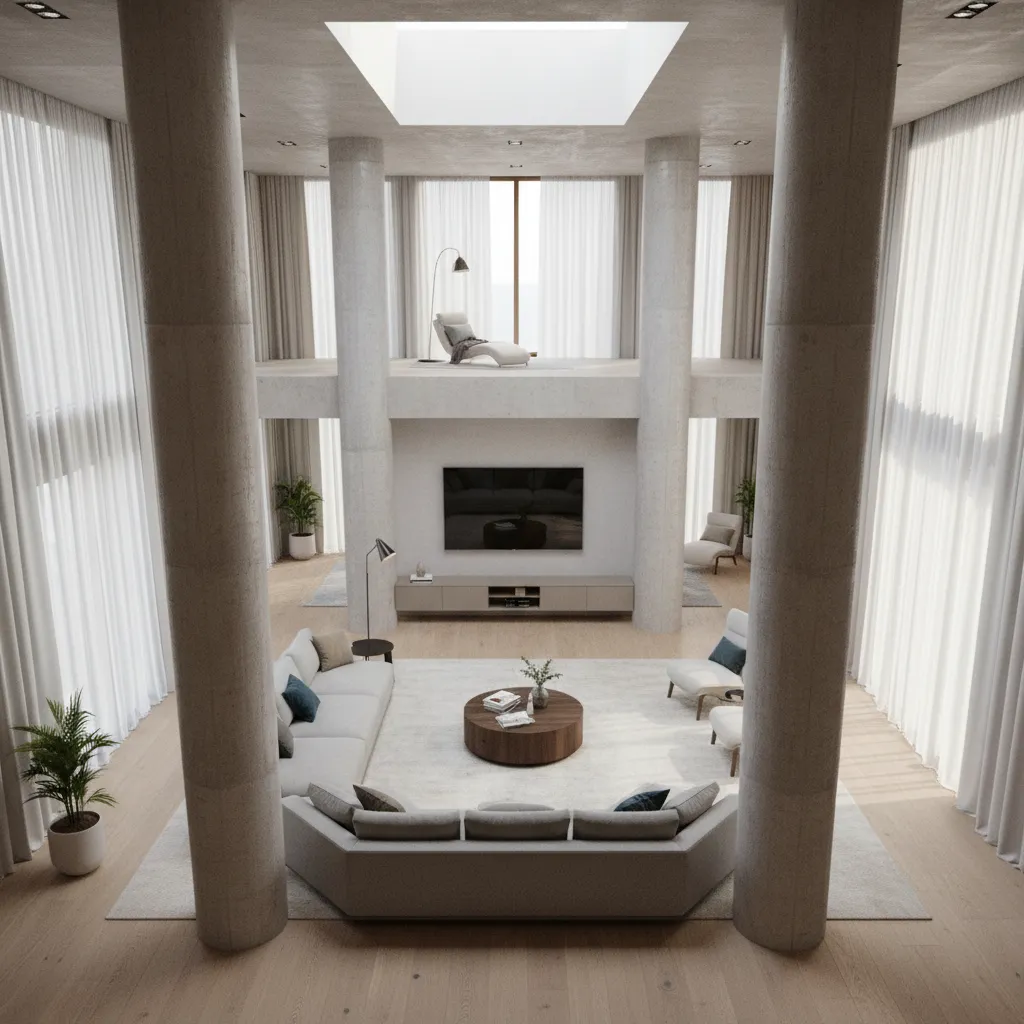 hall layout visualization showing pillar placement affecting furniture zones