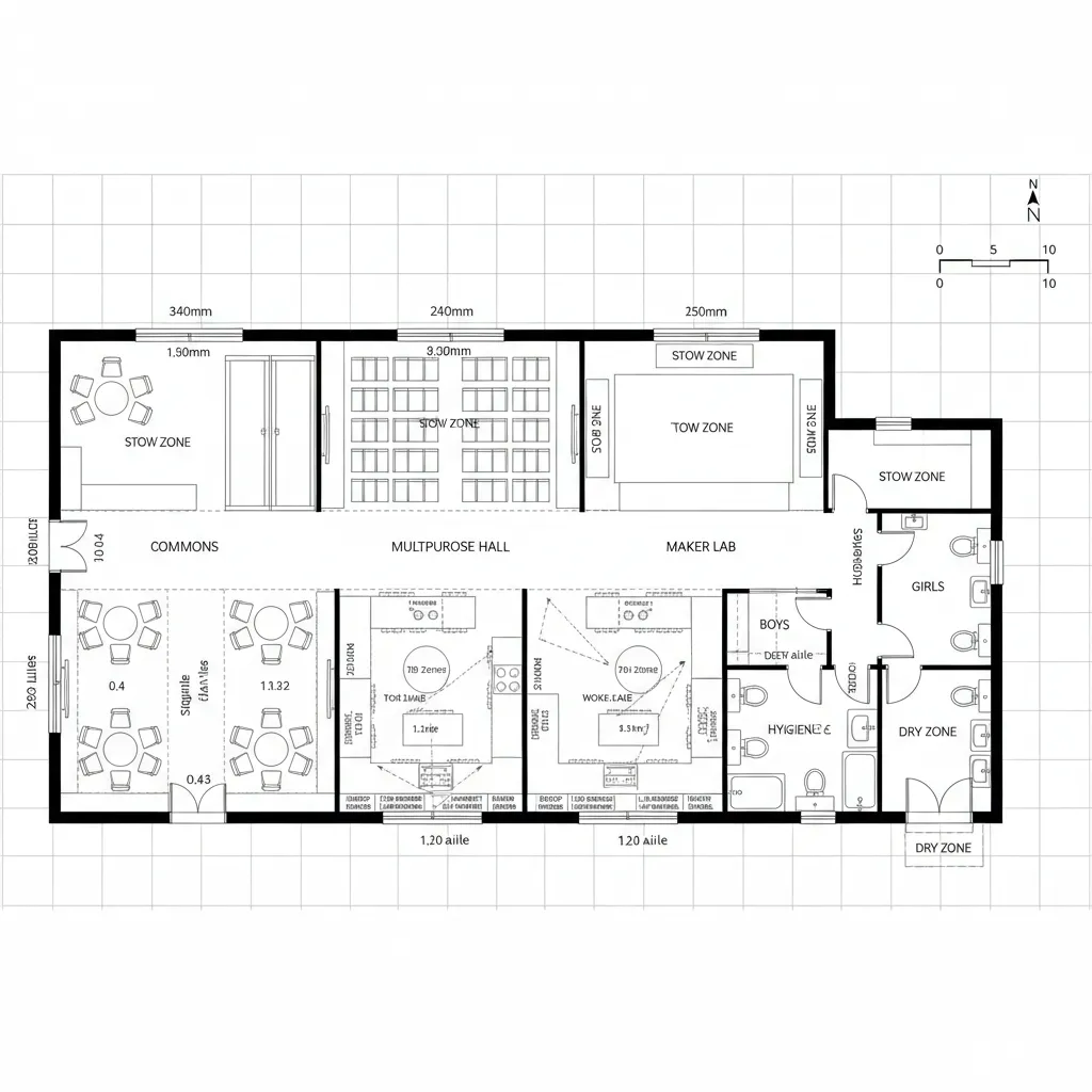Top-down CAD plan of multipurpose hall, maker lab, and hygiene loop