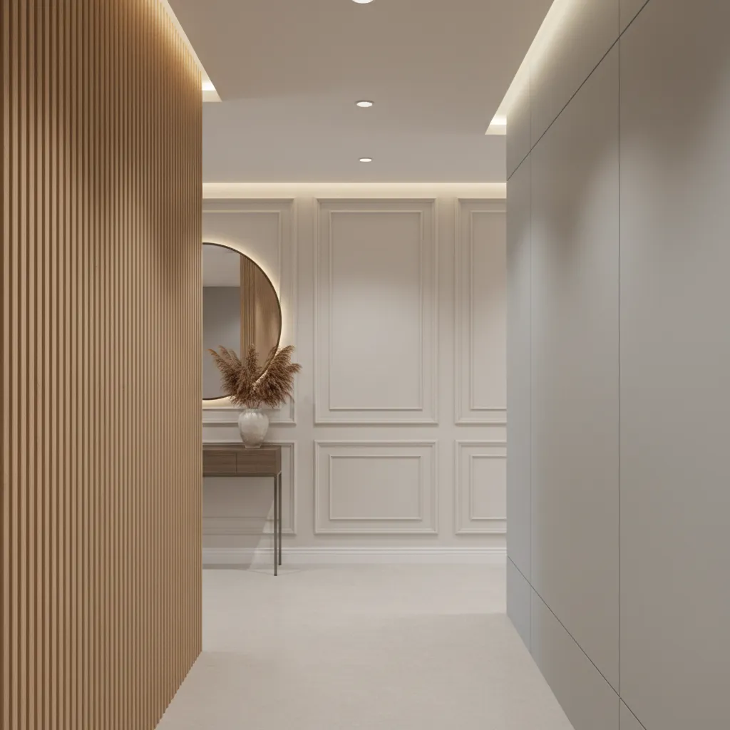 Different hall panel styles including slat panel and classic molding
