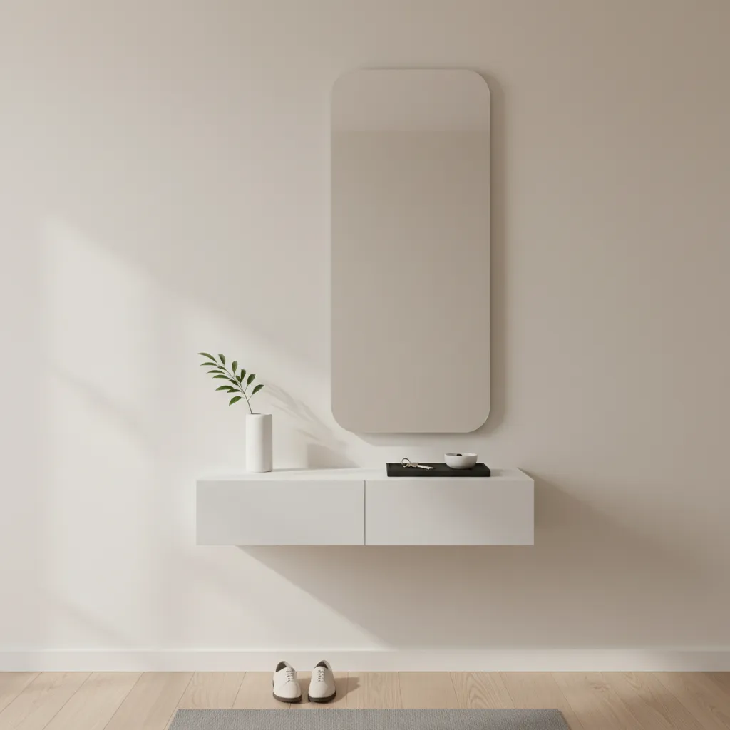 Hall pequeño con espejo vertical y mueble flotante