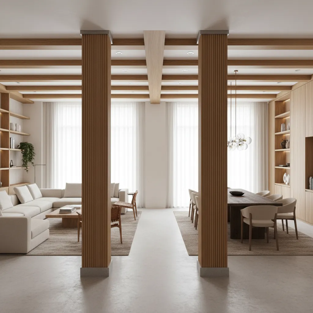 Symmetrical hall design with paired pillars framing living and dining spaces