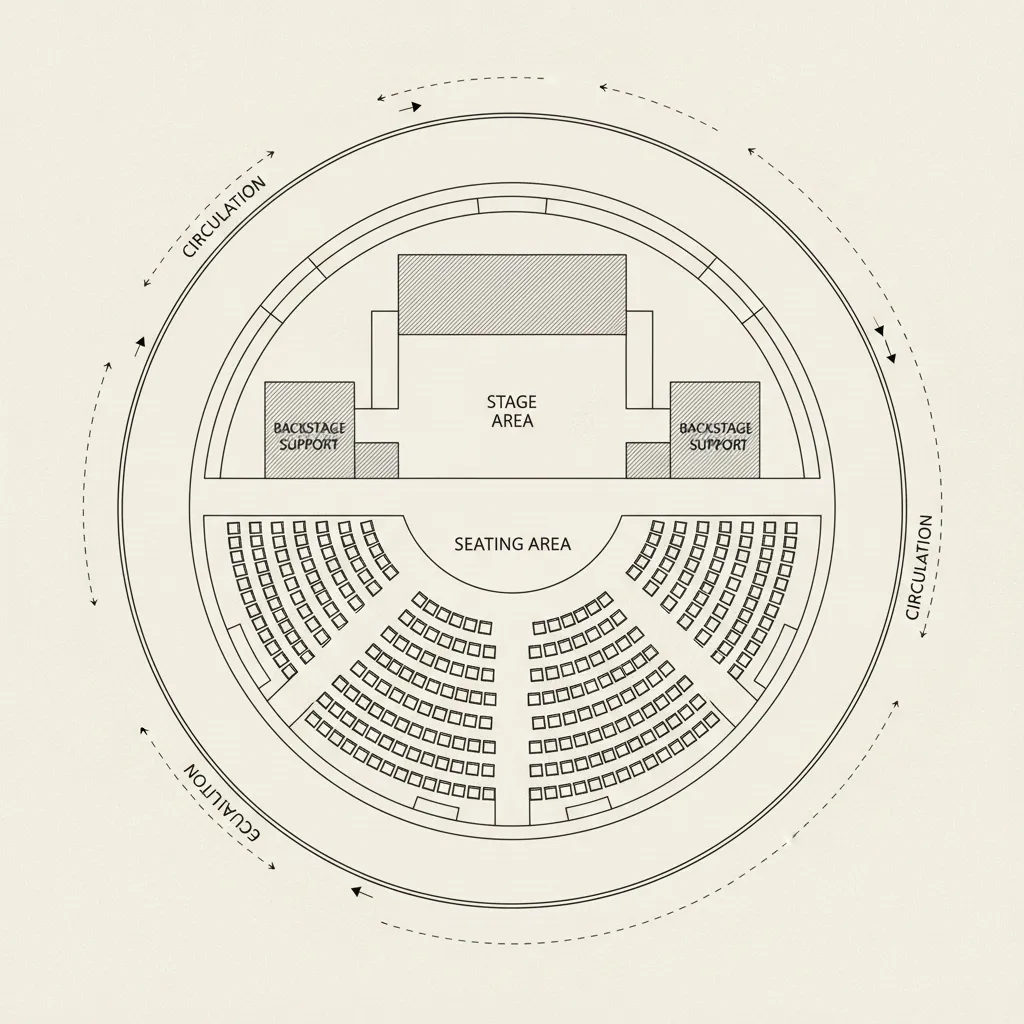 Simple architectural layout diagram showing hall zones and circulation