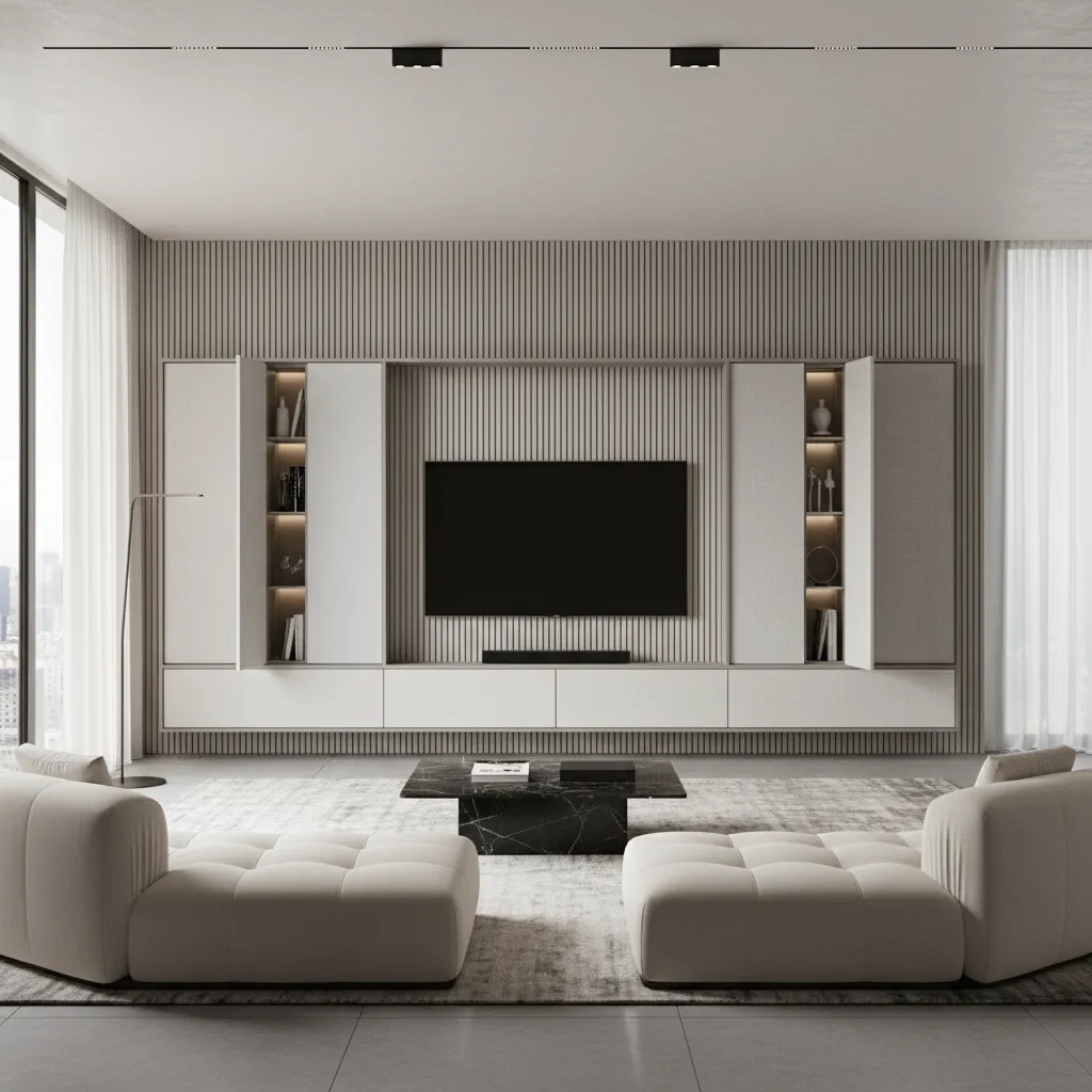 modern hall tv wall with hidden storage cabinets minimalist design