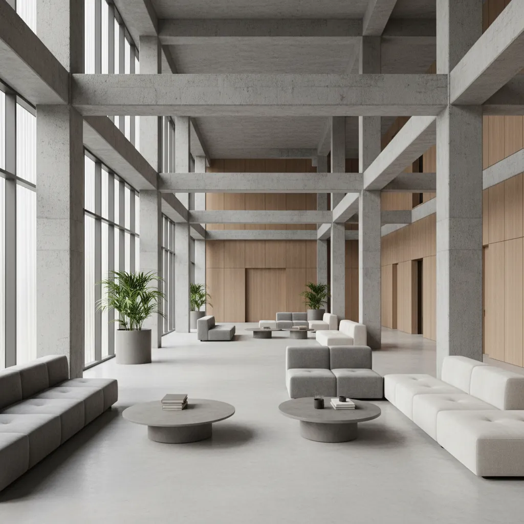 Large hall interior showing evenly spaced structural pillars supporting ceiling