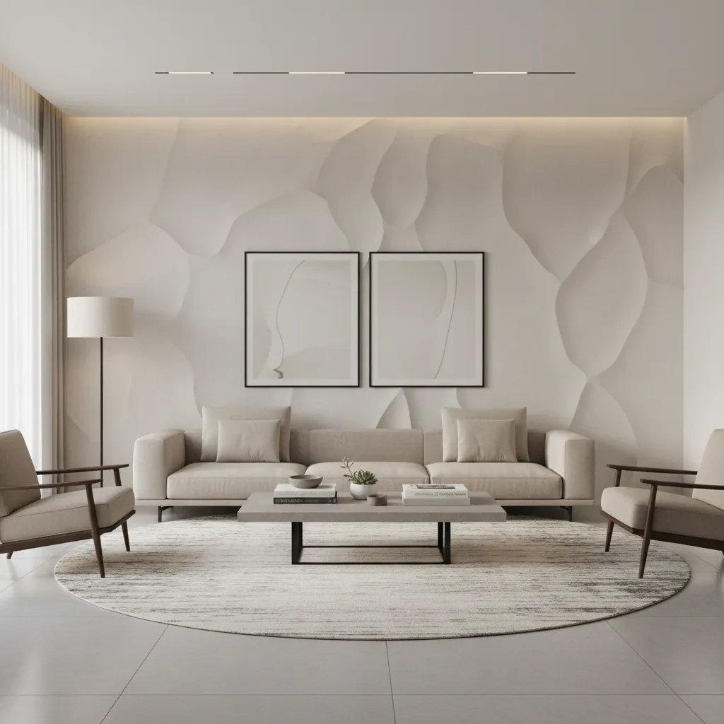 Living hall with textured feature wall behind sofa and modern decor