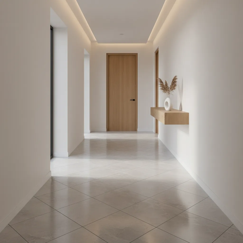 diagonal tile layout in a bright hallway creating visual width