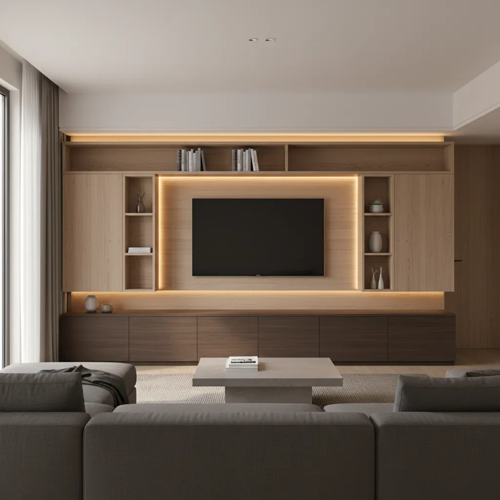Living room hall with built in TV media wall and storage cabinets