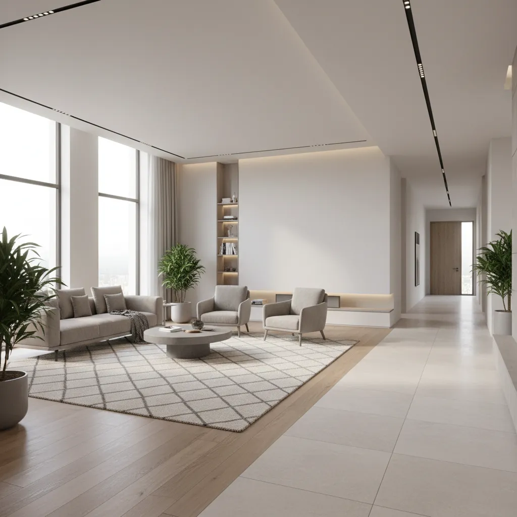 Open plan hall with clearly defined seating zone using rug and sofa layout