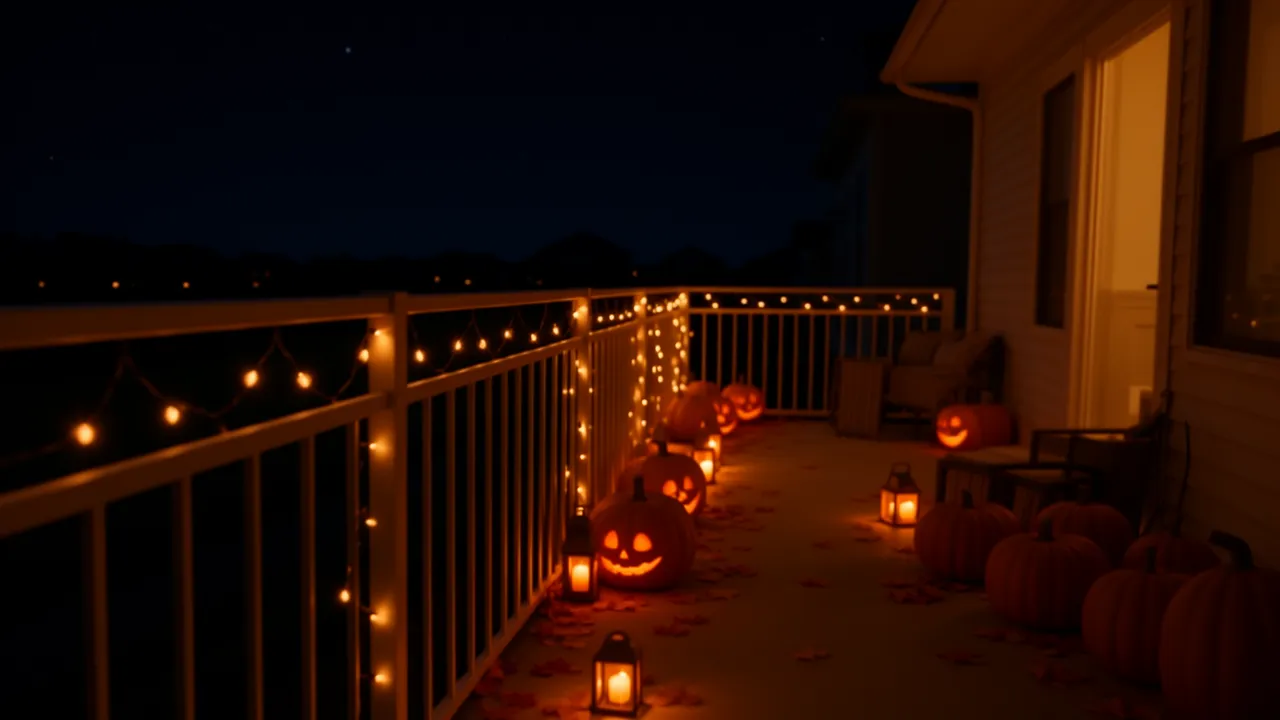 Apartment balcony glowing with lantern candles and orange Halloween lights at night