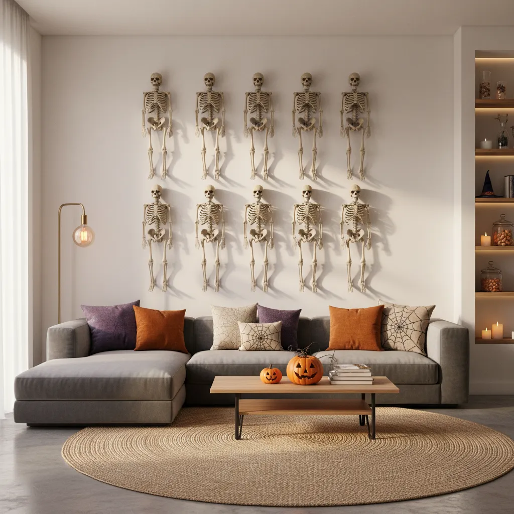 Living room with Halloween skeleton decorations arranged on a wall