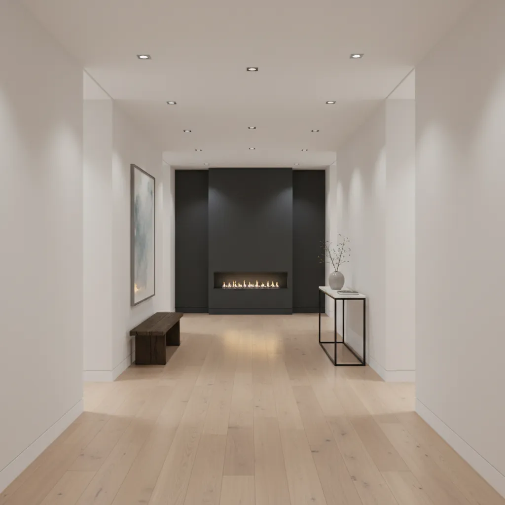 hallway with darker accent wall at the end