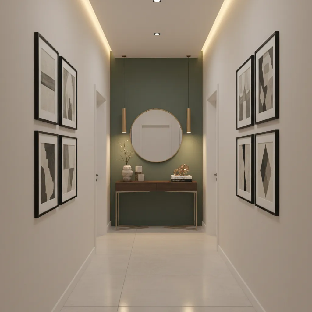 hallway accent wall with muted green paint