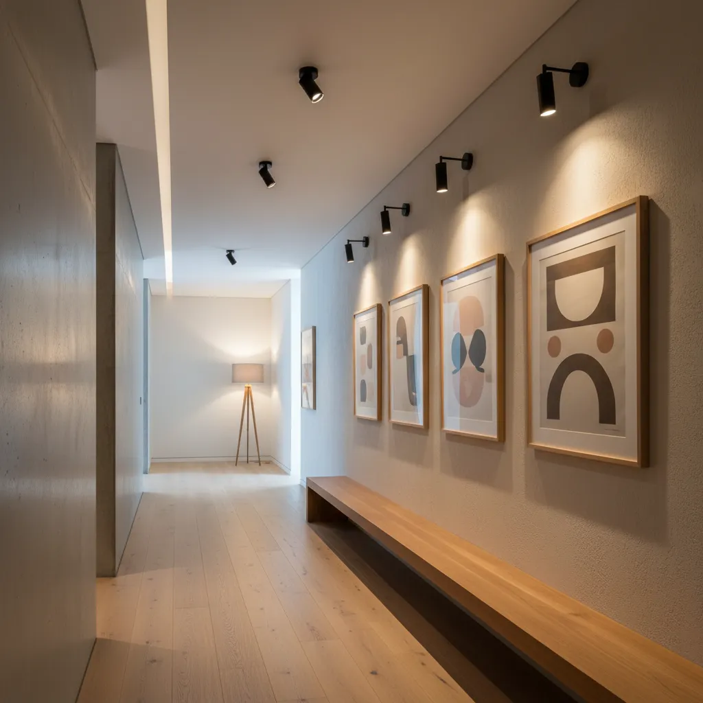 Modern hallway with wooden bench and framed art pieces lit by black wall light fixtures