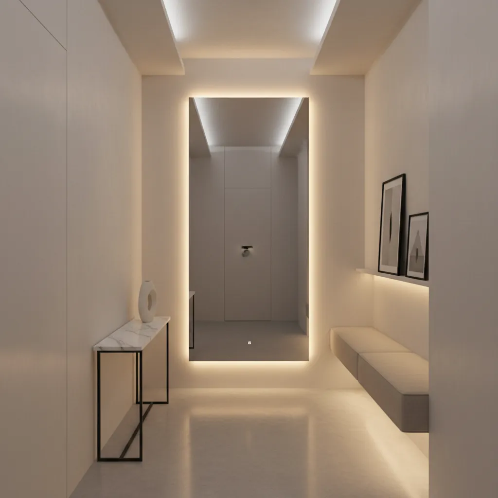 Small hallway with a large backlit mirror reflecting warm lighting