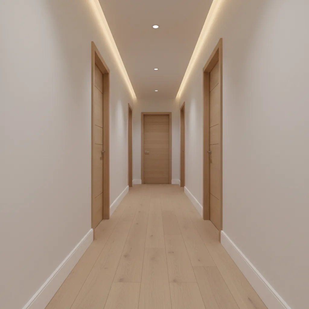 Residential hallway with baseboards running along both sides of the corridor
