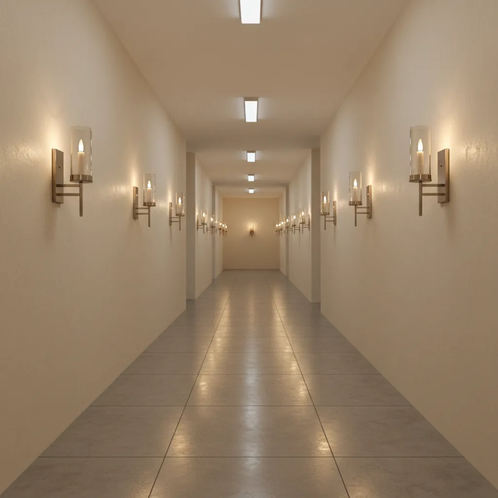 Narrow hallway with evenly spaced wall candle sconces creating depth