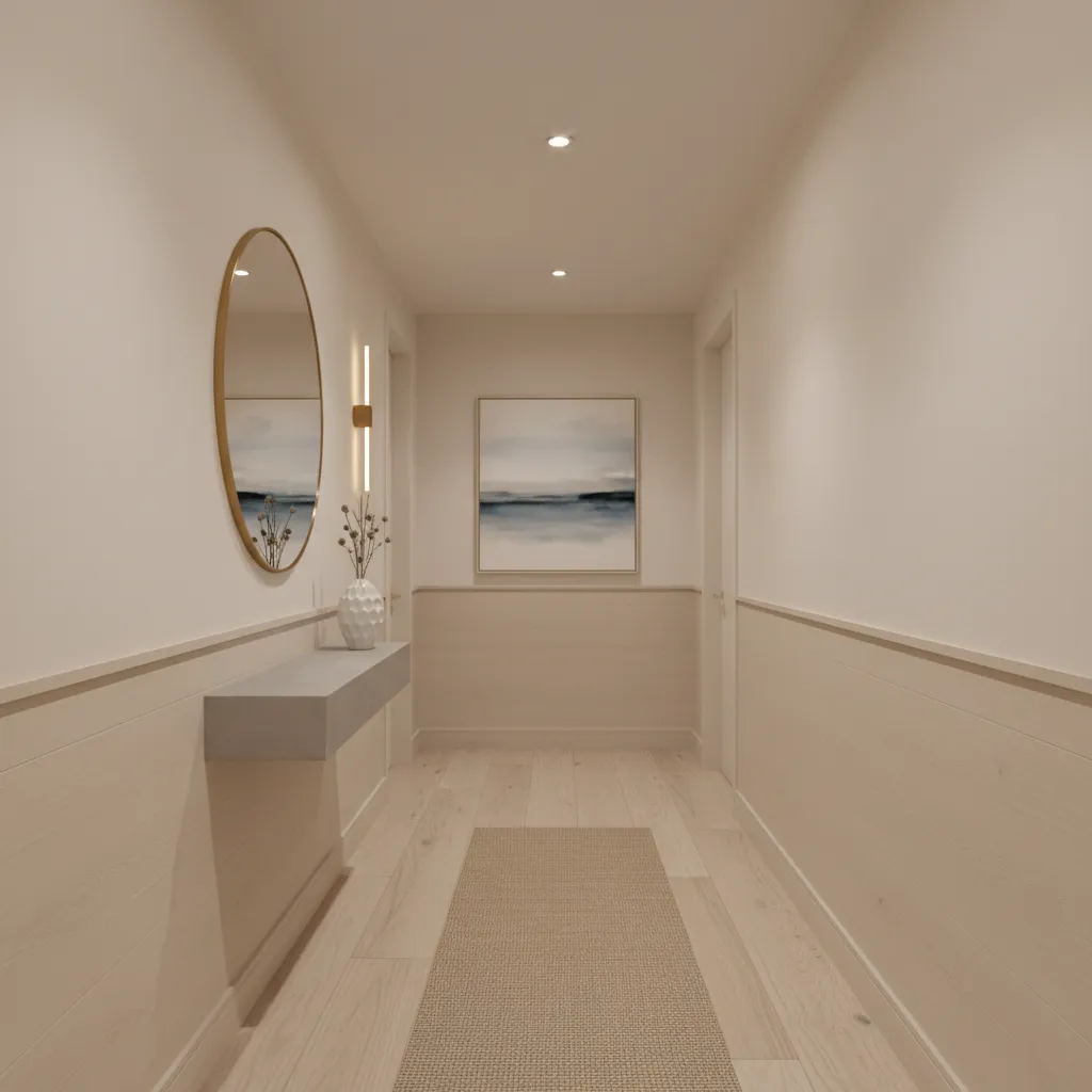 light neutral hallway with wood flooring and accent wall