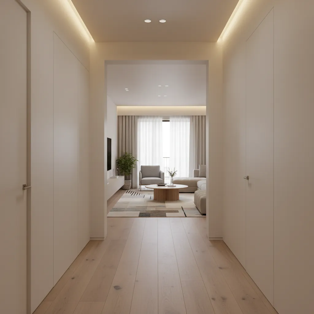 hallway color flowing smoothly into living room creating cohesive interior design