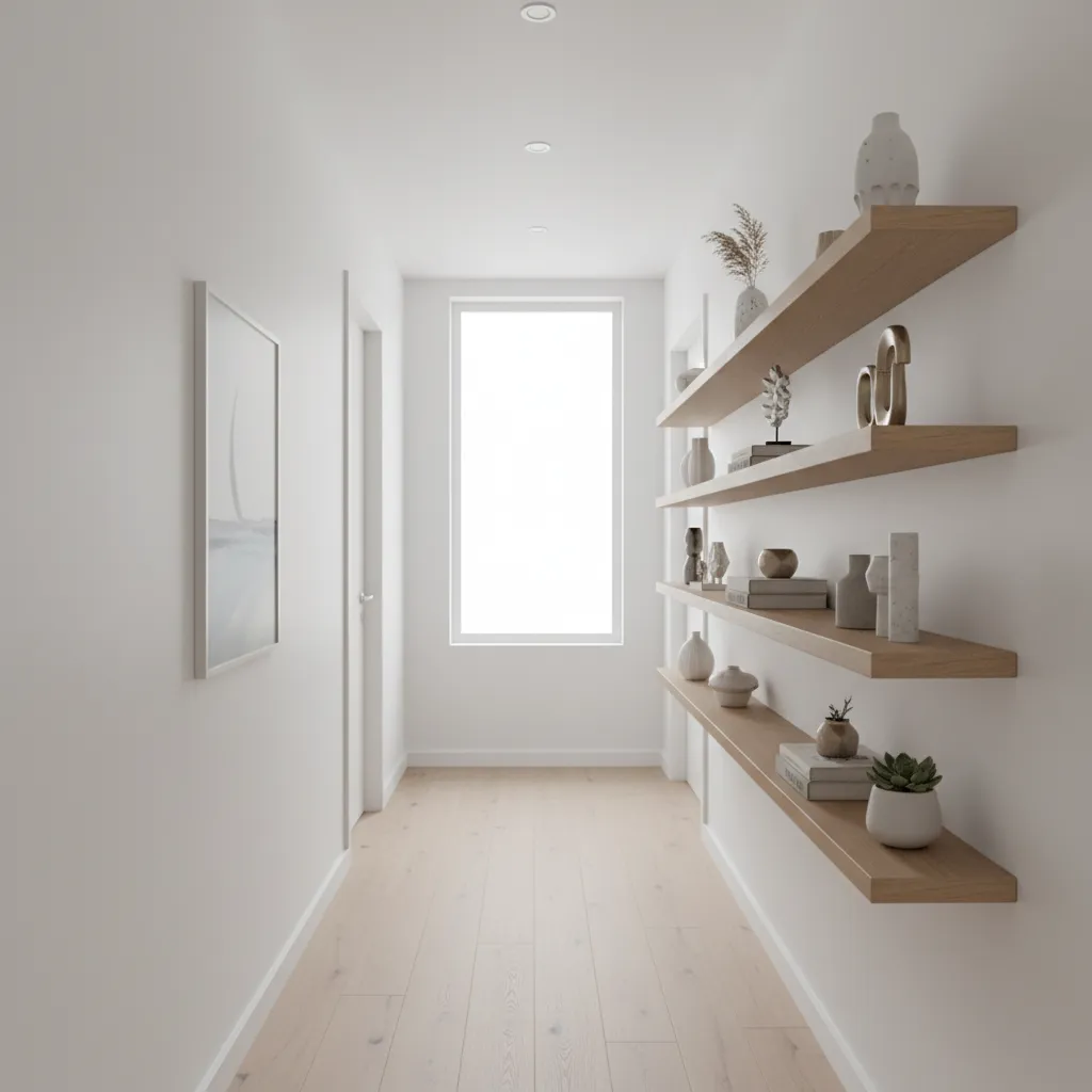 Floating shelves installed along a narrow hallway wall