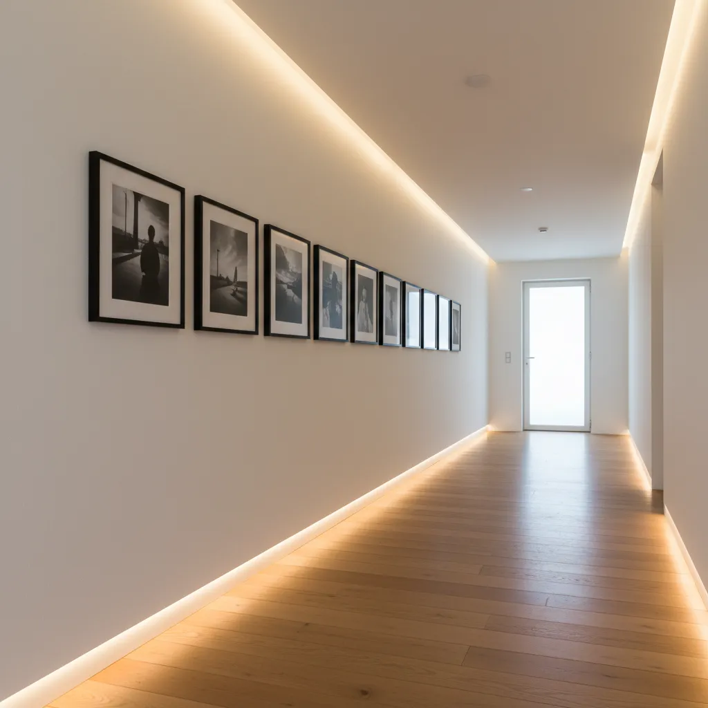 Hallway gallery wall using evenly spaced 8x10 frames in a corridor