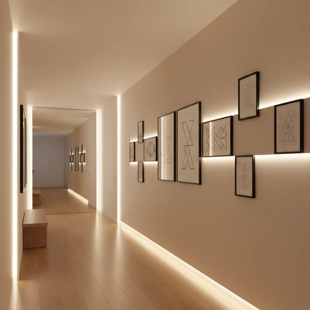 Warm hallway design with glowing wall panels framed art wooden floor strip lighting and benches