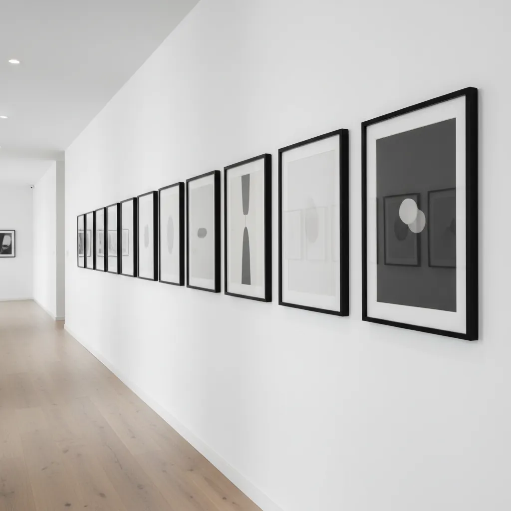 Modern hallway gallery wall with evenly spaced frames