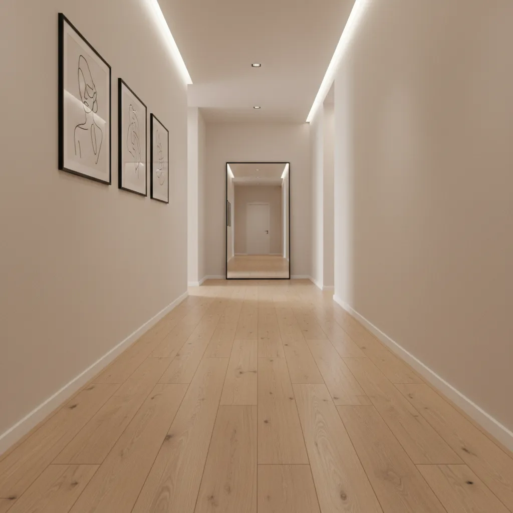 long hallway with hardwood planks installed parallel to walking direction
