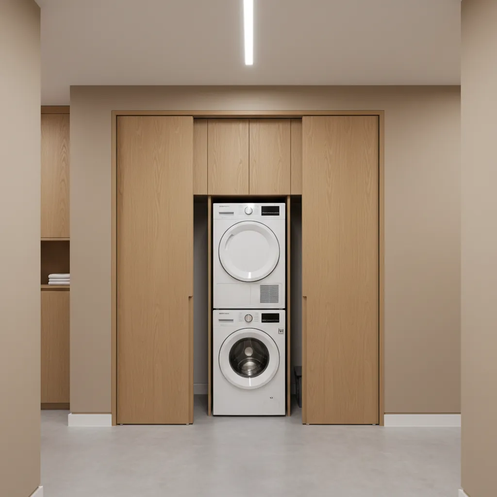 Compact hallway laundry closet with stacked washer dryer and sliding doors