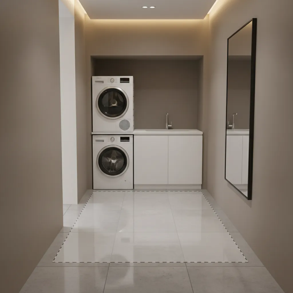 hallway laundry layout diagram showing door clearance and circulation space