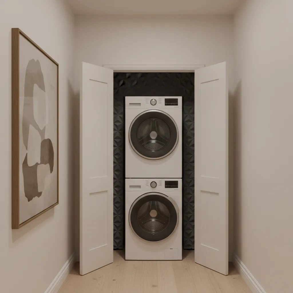 Laundry closet with solid doors and acoustic insulation in hallway