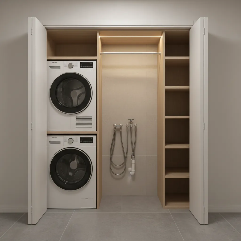 Laundry closet showing plumbing connections and stacked appliances in hallway