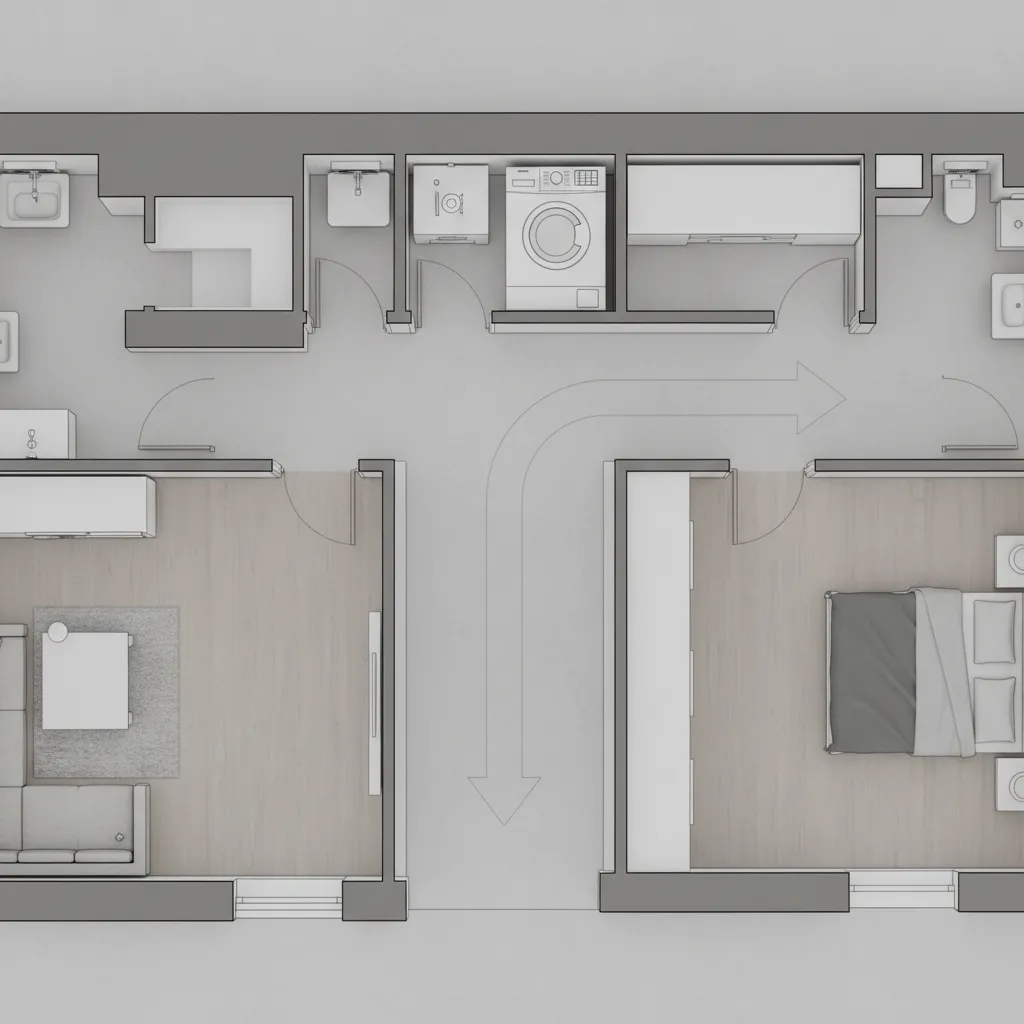 Hallway layout showing washer dryer clearance and walking space measurements