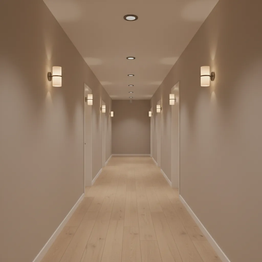 modern hallway lighting with recessed lights and wall sconces
