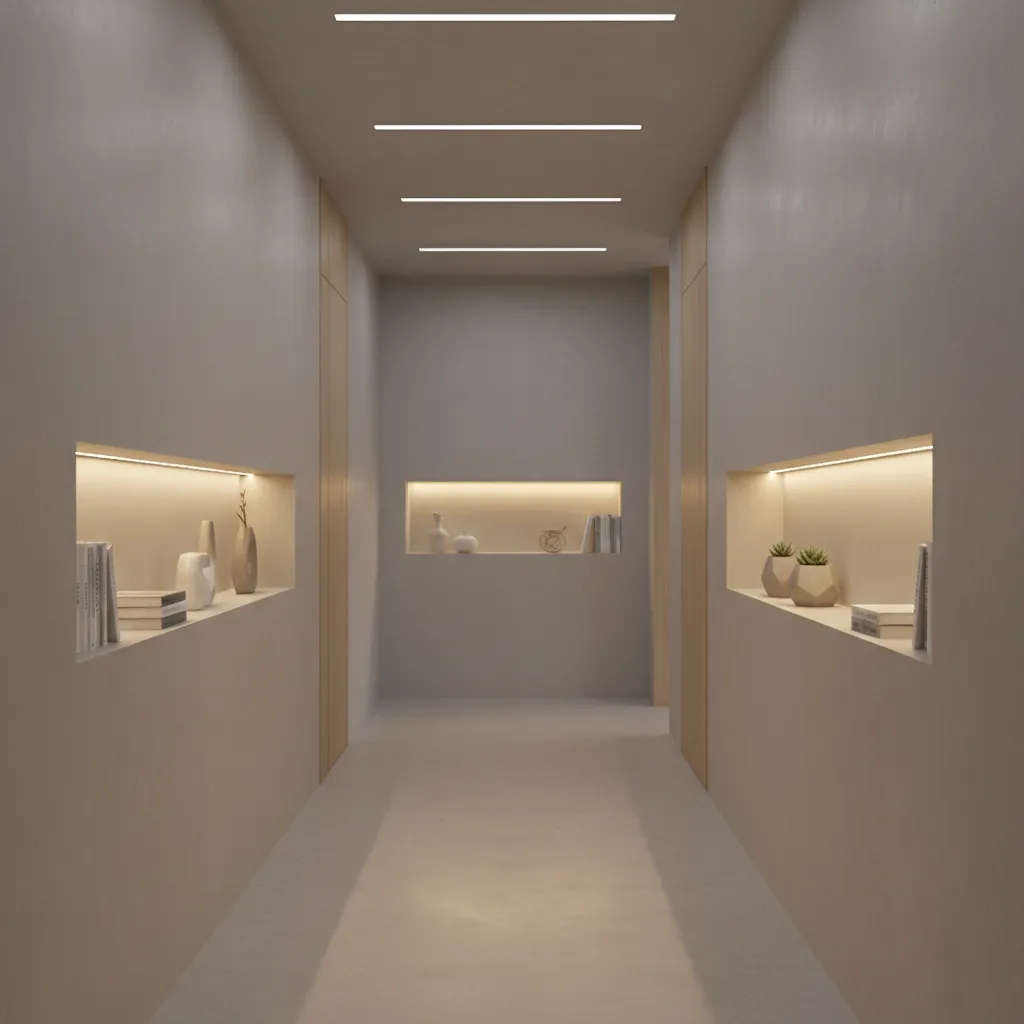 Modern hallway with LED strip lighting and illuminated wall niche shelves