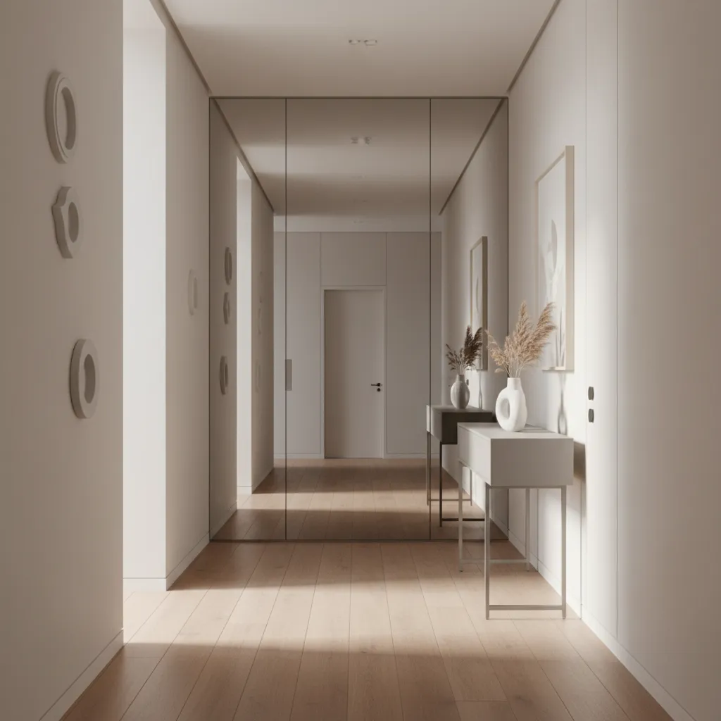 hallway with full height mirror at the end creating visual depth
