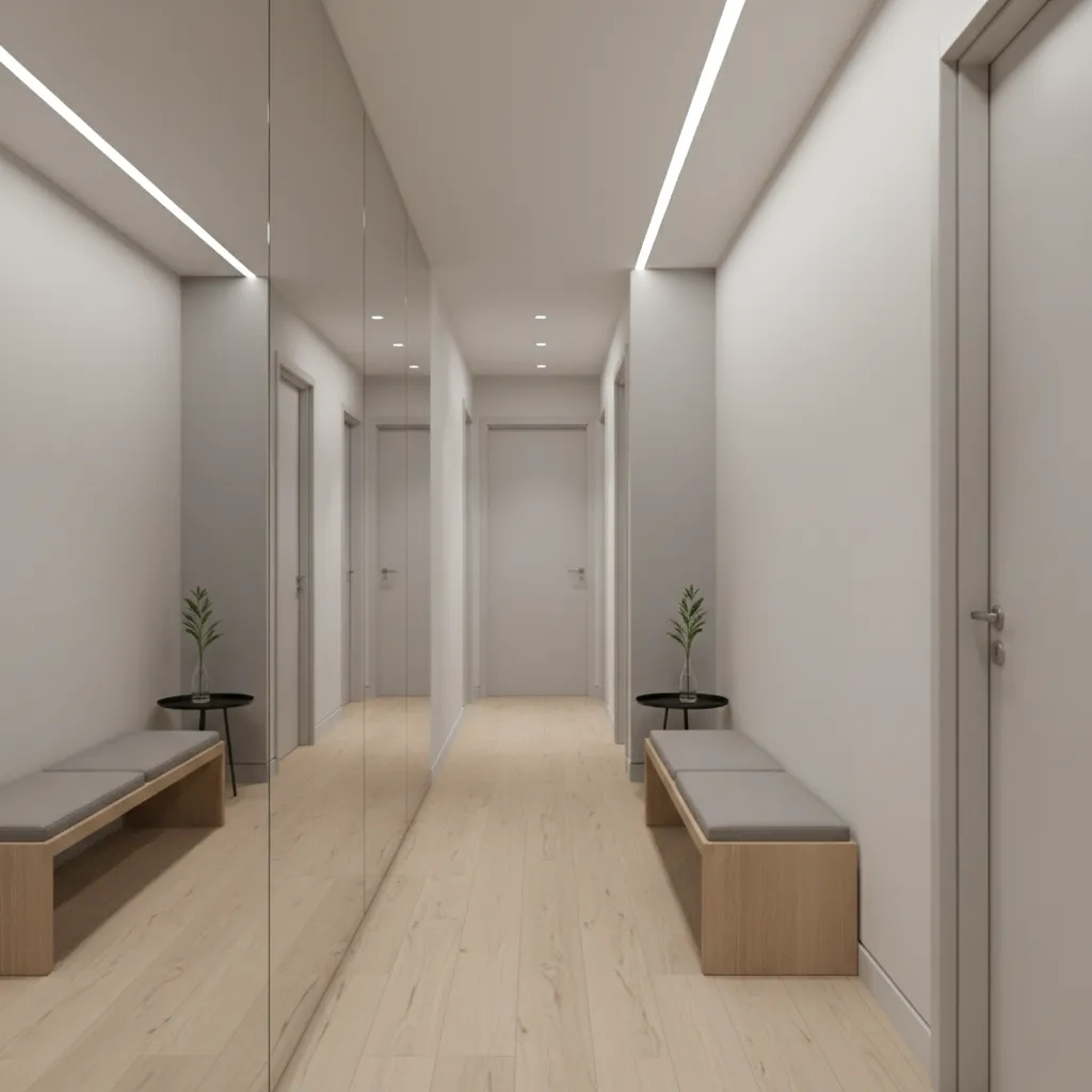 narrow hallway with large wall mirror expanding visual space