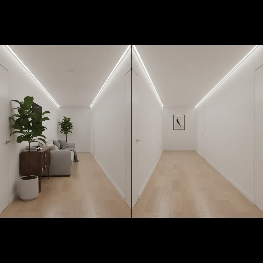 Narrow hallway with furniture obstruction compared with a clear evacuation path