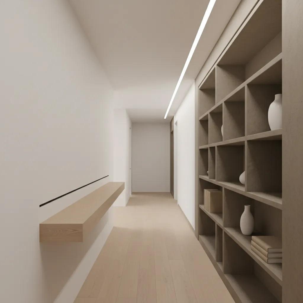 comparison of shallow floating shelf and deep built in shelf in hallway layout